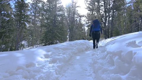 Hiker walking down a snow packed trail Vídeos de archivo 151059007