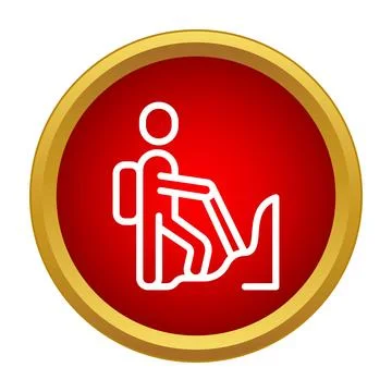 Hiker walking up mountain peak icon with backpack Stock Illustration