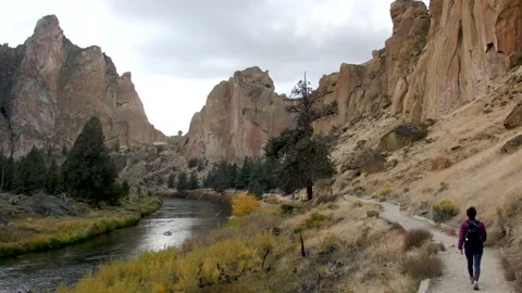 Hiker walking at Smith Rock State Park Stock Footage 132659804