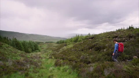 A hiker walking through Idrigill Forest Stock Footage 65293036