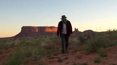 Hiker walking through monument valley at sunrise Stock Footage 334852926