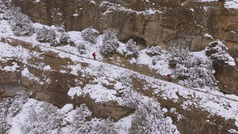 Hiker Walking Through Snowfall on a Winter Mountain Trail Stock Footage 342569613