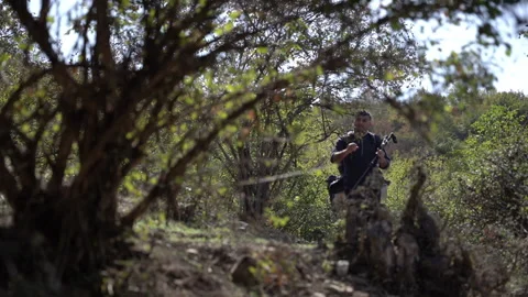 Hiker Walking Through Sparse Trees 動画素材 317892474