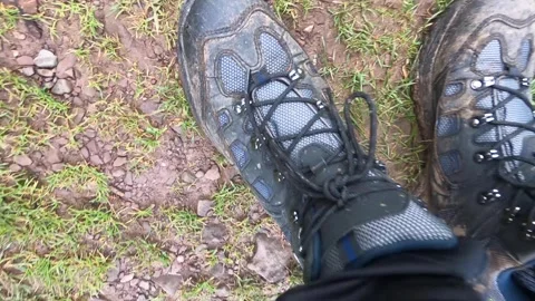 Hiker walking through the woods with mud on walking boots Stock Footage 254363745