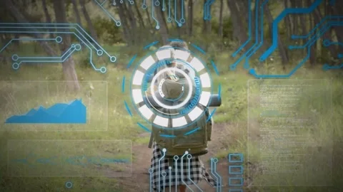 Hiker walking trail, camera tracking, activating AR scanning backpack, locking Stock Footage 333610272