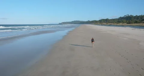 Hiker wearing a red jacket walking alone on a remote beach Stock-Footage 279859152
