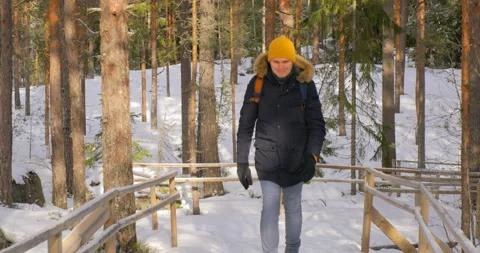 Hiker in winter forest Video stock 122122063