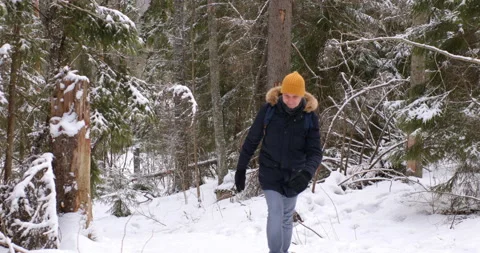 Hiker in winter forest Video stock 122122115