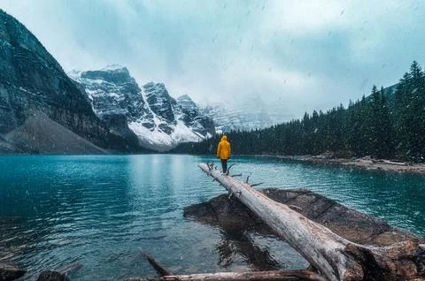 Hiker in yellow jacket standing on log during blizzard at Moraine Lake, Alb.. Stock Photos