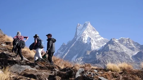 Hikers and Guide Climb Towards Fish Tail Machhapuchhare Mountain Video stock 80615663