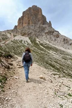 Hikers on Dolomites path Stock Photos