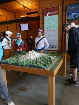 Hikers examining 3D Mount Rainier model at Paradise Jackson Visitor Center,.. Stock-Fotos