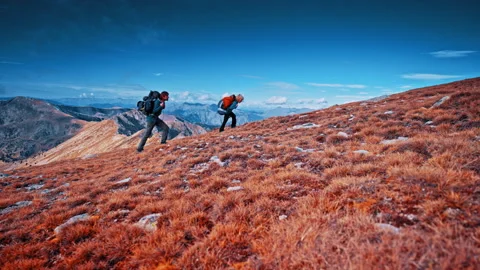 Hikers exploring the vibrant landscape of the Pyrenees mountains in Spain Stock Footage 303634877