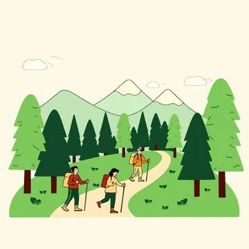 Hikers on a Forest Trail Stock Illustration