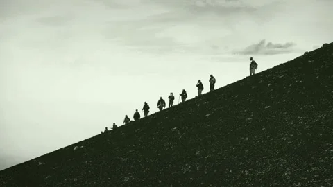 Hikers In Line Walking Down Steep Ash Slope Etna Volcano Sicily Retro Style Vídeos de archivo 154988028