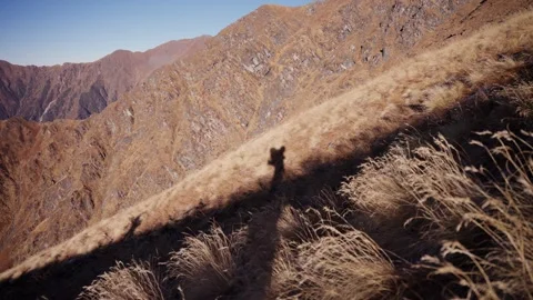 Hiker's long shadow stretching across golden grass slope Stock Footage 344178811