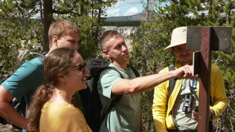 Hikers Reading Trail Map Sign On Trail Stock Footage 330314346