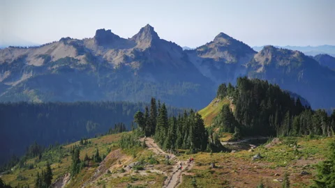 Hikers on Skyline Trail with Tatoosh Range in Mount Rainier National Park. 스톡 동영상 343762436