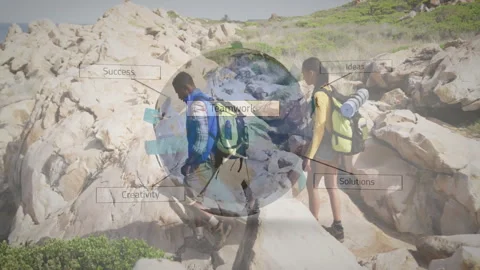 Hikers stepping onto rocky path sparking rotating globe showing tech solutions Stock Footage 312003822