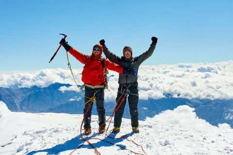 Hikers at the top of a pass Stock Photos