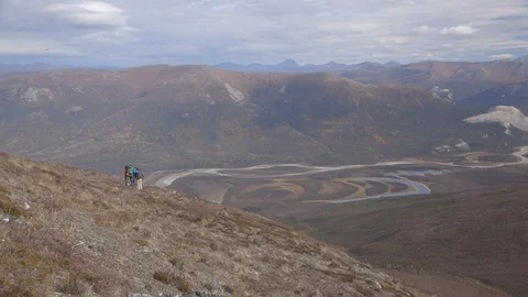 Hikers Waking Down Arrigetch Peaks Alatna River Valley Stock Footage 121640292