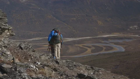 Hikers Waking Down Rocky Arrigetch Peaks Alatna River Valley Stock Footage 121640294