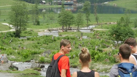 Hikers walking down the valley towards lake Steirischer Bodensee Stock Footage 112897243