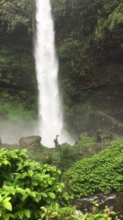 Hikers Walking in front of The Waterfall, West Java, Indonesia. Видео 344401434