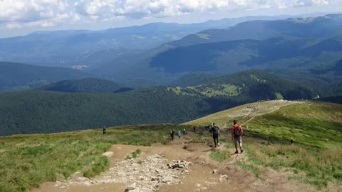 Hikers Walking on Mountain Trail, Mount Hoverla, Carpathian Mountains, Ukraine Stock Footage 331298405