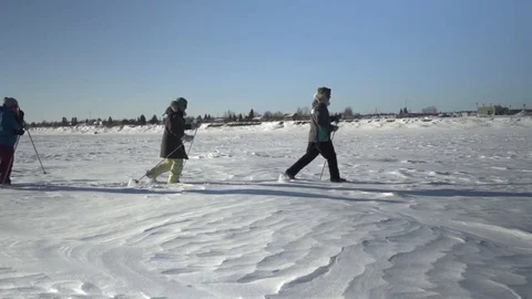 Hikers walking with ski pole in snow during winter Stock Footage 79796121