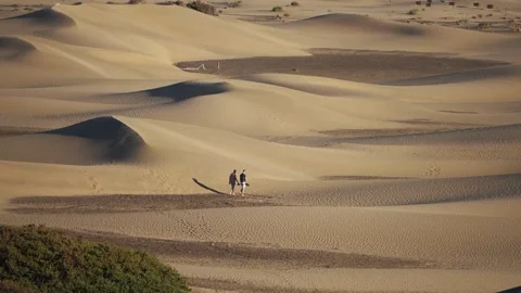 Hikers Walking Through Maspalomas Sand Dunes, Gran Canaria Stock Footage 344480702