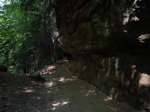 Hiking along cliff through trees in Cuyahoga Valley National Park Video stock 82638260