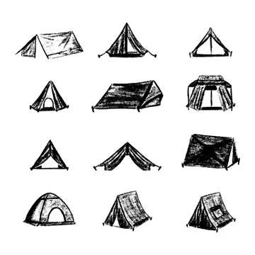 Hiking and camping tent vector icons. Triangle and dome vintage design tents Stock Illustration
