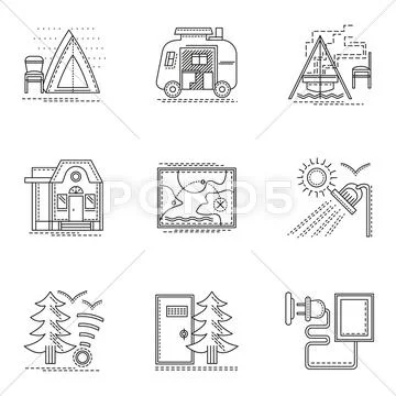 Hiking and camping thin flat line icons set Stock Illustration