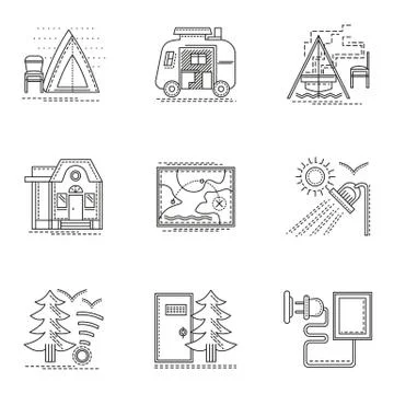 Hiking and camping thin flat line icons set Stock Illustration