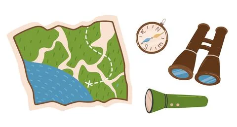 Hiking and navigation tools set, hand drawn elements - map, compass, binocula 스톡 일러스트