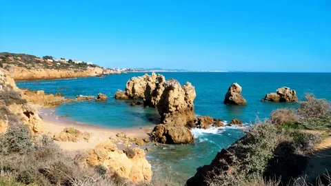 Hiking area along the coast with view to Praia de Arrifes, Algarve, Portugal Stock Footage 87208448