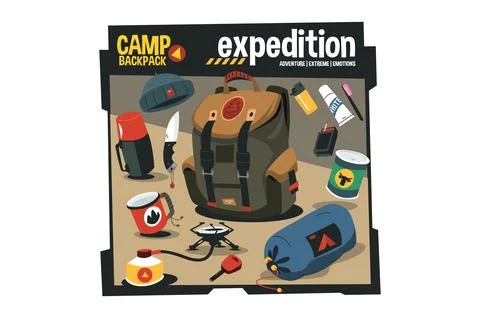 Hiking backpack and camping items set Stock Illustration