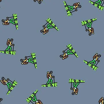 Hiking backpack and walking stick vector seamless pattern 库存插图