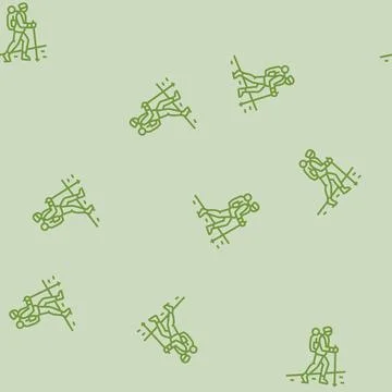 Hiking backpack and walking stick line seamless pattern Illustrazione stock