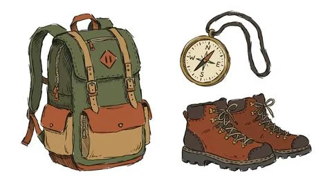 Hiking backpack compass and leather boots for outdoor trekking and travel e.. Stock Illustration