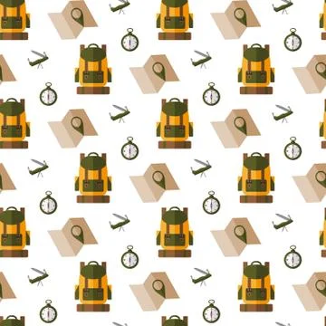 Hiking Backpack, map, compass and folding knife. Seamless pattern. Stock Illustration