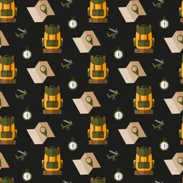 Hiking Backpack, map, compass and folding knife. Seamless pattern. Stock Illustration