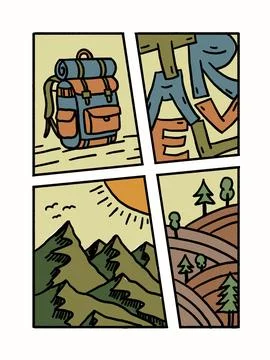 Hiking Backpack Mountain Comic Panels Ilustración de archivo