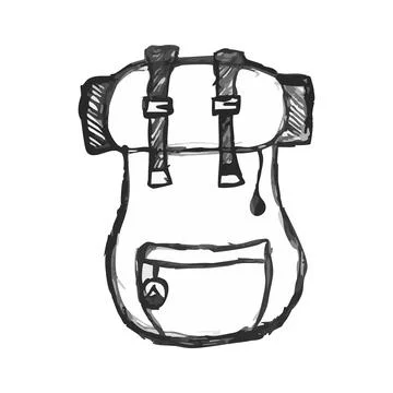 Hiking Backpack with sleeping Pad, straps, front pocket. Rough hand Drawn ink Stock Illustration