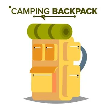 Hiking Backpack Vector. Tourist Hiking Back Pack With Sleeping Bag. Camping A Illustrazione stock