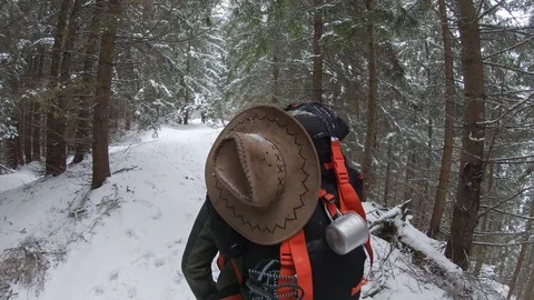Hiking backpacker in the snowy forest path Stock Footage 99907244