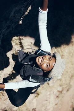 Hiking, black woman or rock climbing on mountain for workout or fitness. Girl Stock Photos