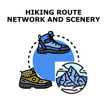 Hiking boot exploring mountain scenery route network concept Stock Illustration