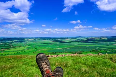 Hiking Boots, View of Patchwork Field Countryside Stock Photos